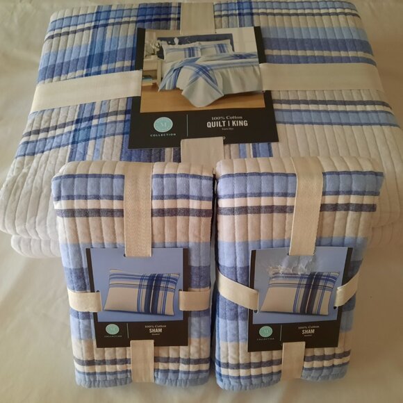 Martha Stewart 100% Cotton King Quilt & 2 Standard Shams - Engineered Plaid - Picture 2 of 8